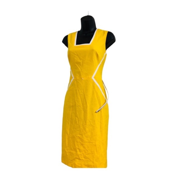 Calvin klein yellow white color block square neck belted sheath dress size 6 new - Picture 13 of 16
